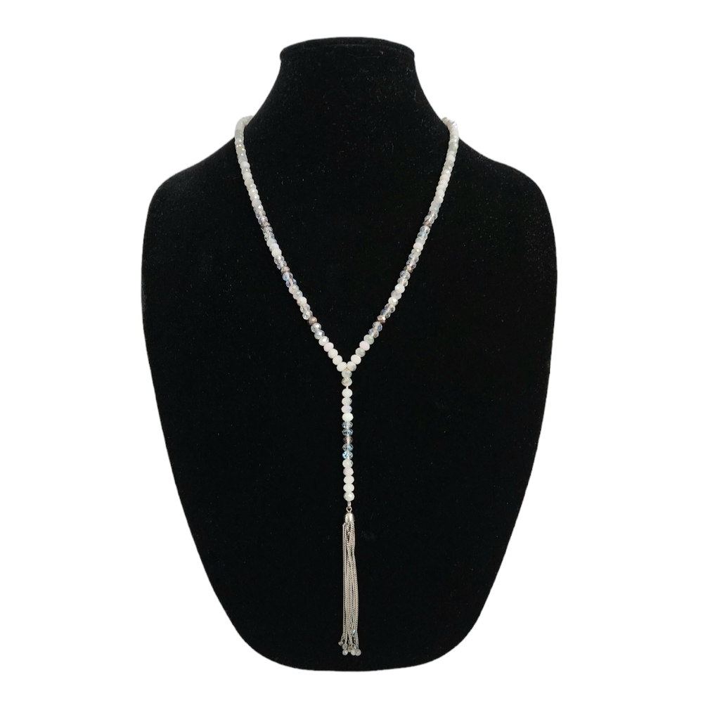 Jessica Simpson Silver Tone Beaded Necklace Gunmetal Chain Tassel Boho Signed